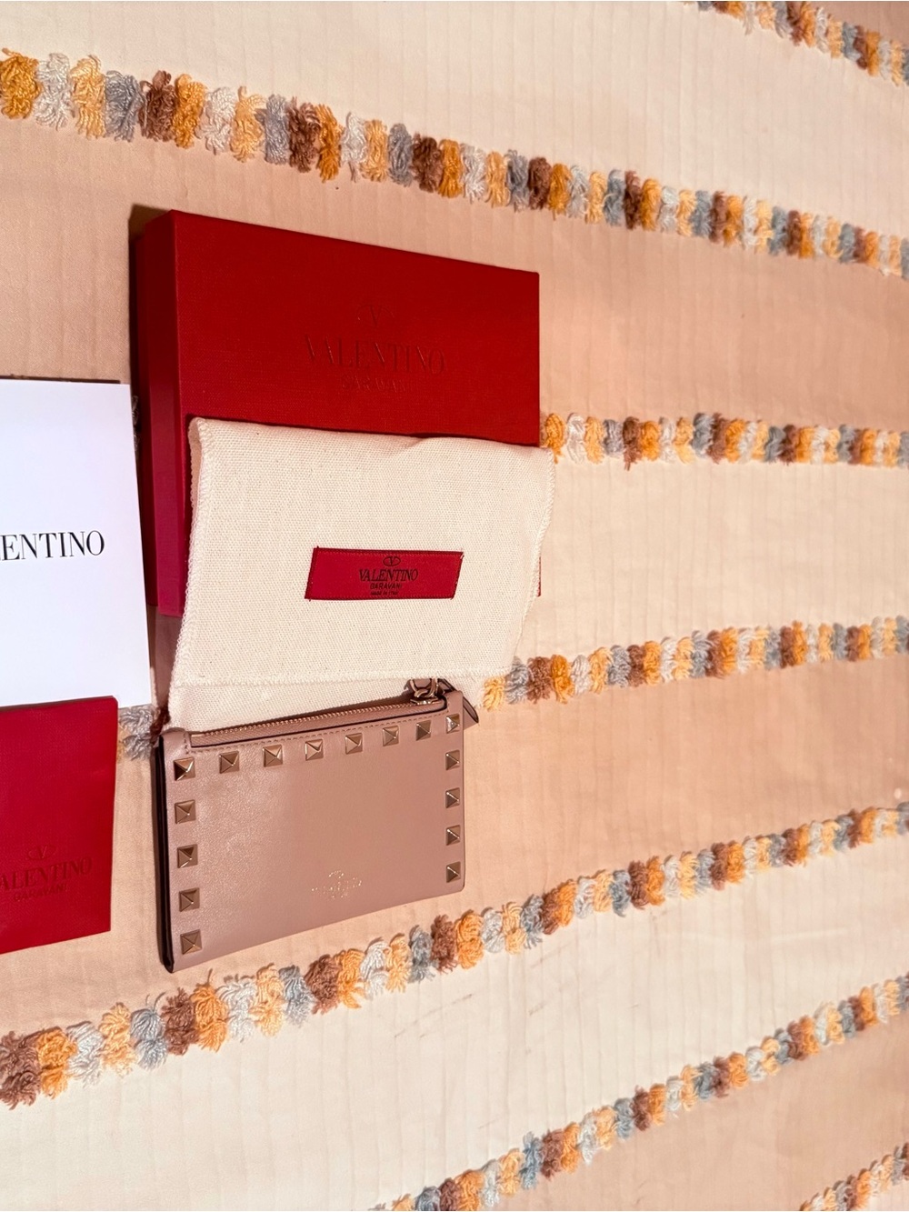 Valentino Garavani Pink Beige Rockstud Leather Card Holder
